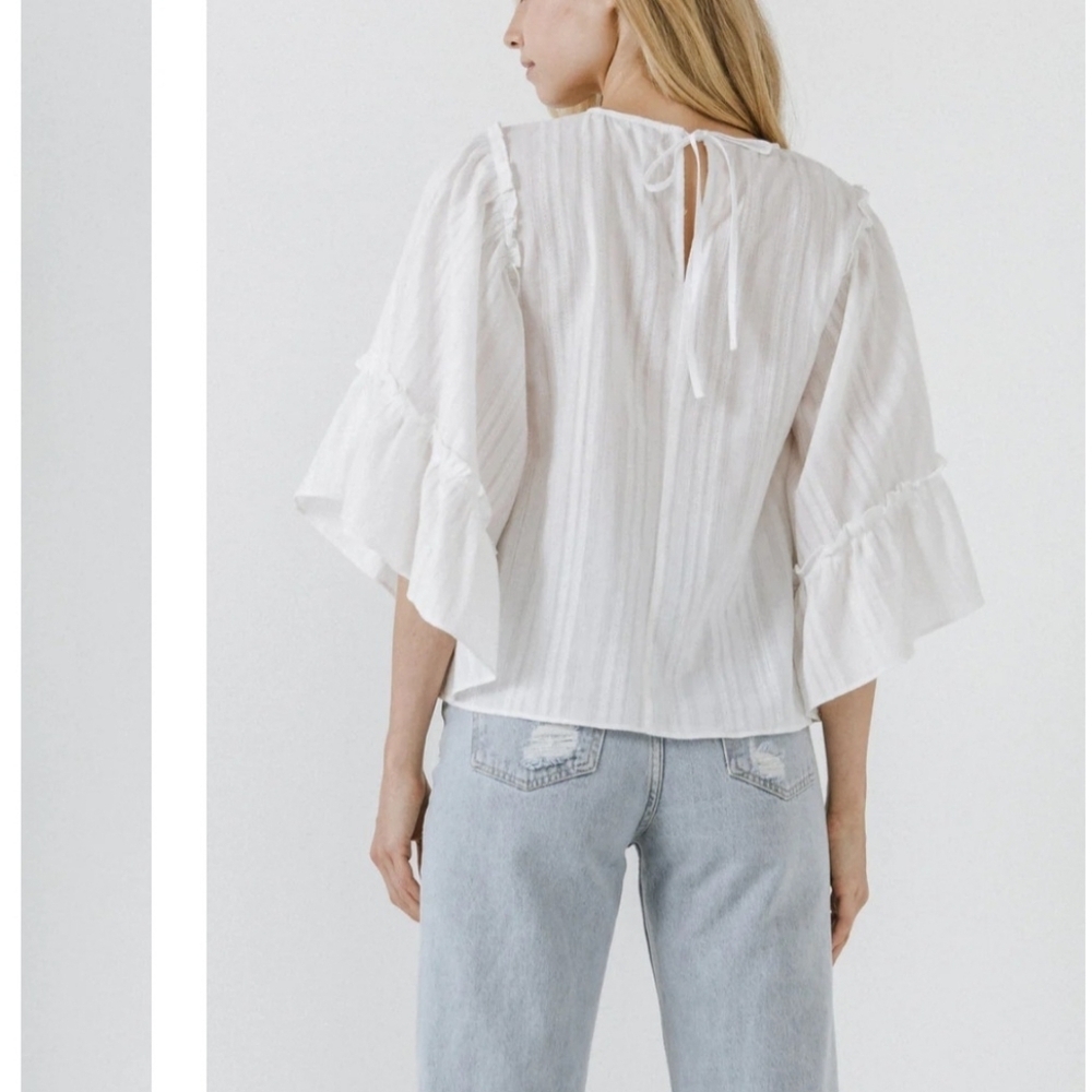 English Factory Womens Ruffle Wide Sleeve Top All Over Stripe Linen White Sz XS - Picture 8 of 8